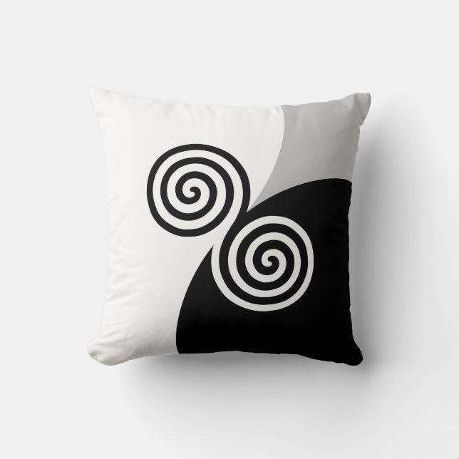 Coussin Cercles Spirales Abstraits sur Fond Gris Noir et B (Recto)