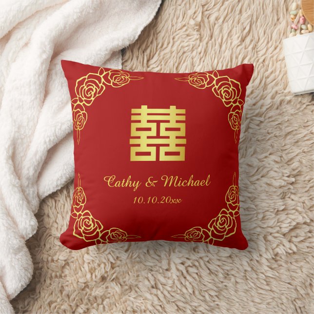 Coussin Cérémonie de thé chinoise à la rose florale rouge  (Couverture)