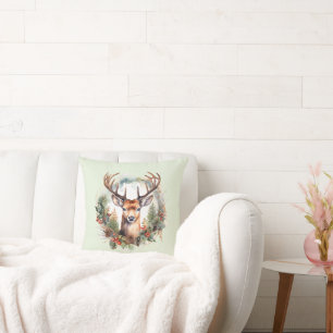Coussin Cerf brun avec bois Noël rustique