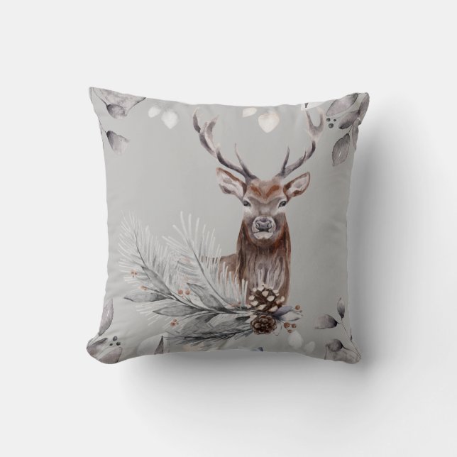 Coussin Cerf Buck Scène D'hiver Nature Peinte À L'aquarell (Recto)