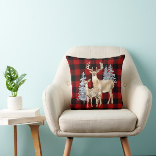 Coussin Cerf D'Aquarelle Sur Buffalo Plaid