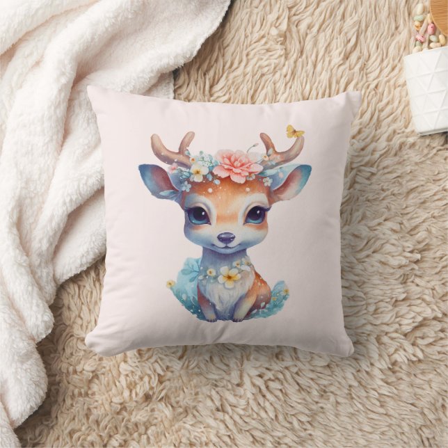 Coussin Cerf de Bébé mignon avec Antlers et Fleurs (Couverture)