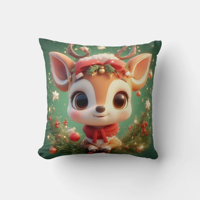 Coussin Cerf de dessin animé adorable dans un Noël festif (Recto)