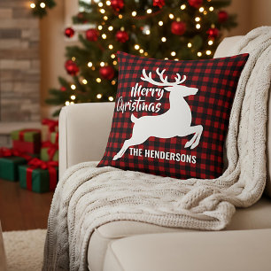 Coussin Cerf de Joyeux Noël à carreaux rouges et noirs Nom