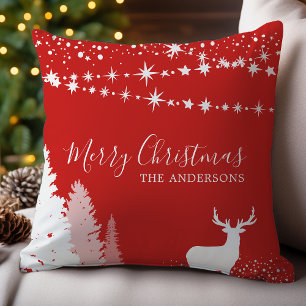 Coussin Cerf de la forêt hivernale Rouge Famille Noël