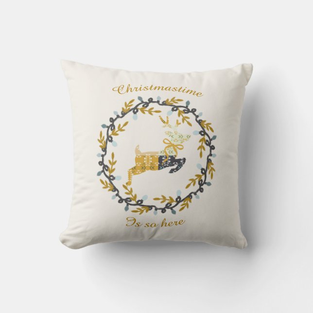 Coussin Cerf de Noël avec Couronne Crème Jaune (Recto)