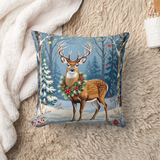Coussin Cerf de Noël en forêt d'hiver festive (Couverture)