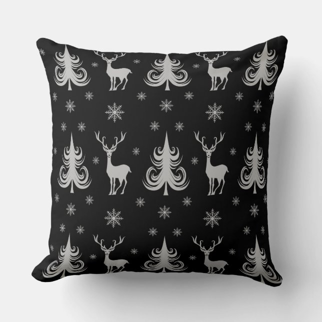 Coussin Cerf de Noël festif motif noir (Recto)