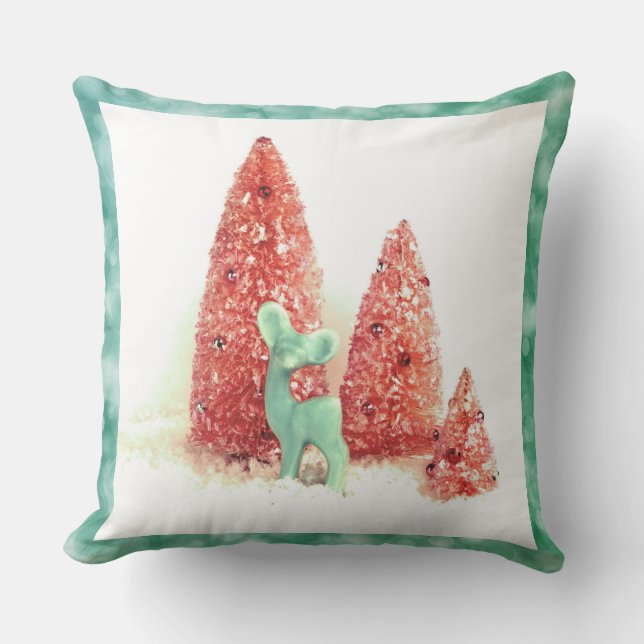 Coussin Cerf de Noël rétro avec cadre Aqua (Recto)