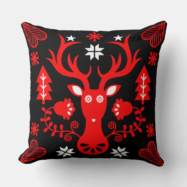 Coussin Cerf de Noël rouge scandinave (Recto)