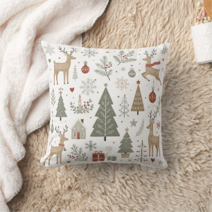 Coussin Cerf de Noël scandinave et bois hivernal
