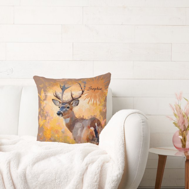 Coussin Cerf Majestueux dans un Champ de Fleurs Sauvages (Canapé)