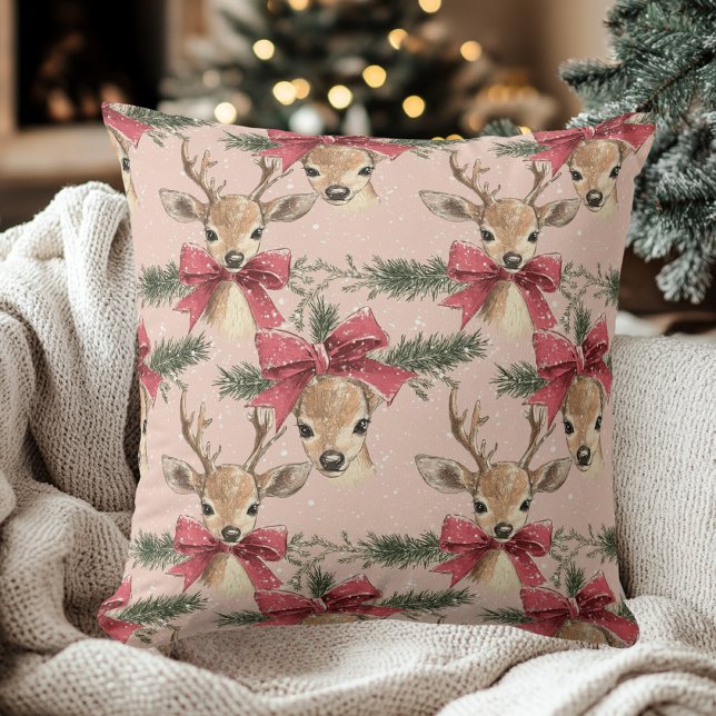 Coussin Cerf mignon avec Bow rouge | Noël rose (Créateur téléchargé)