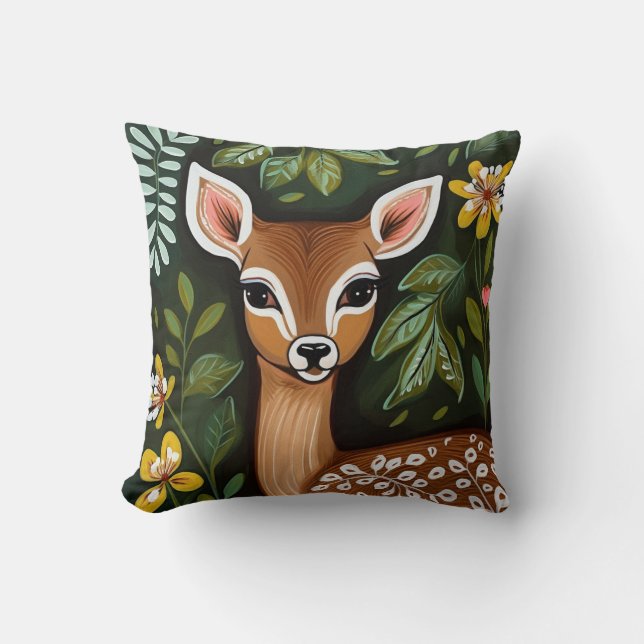 Coussin Cerf mignon avec Feuilles et fleurs (Recto)