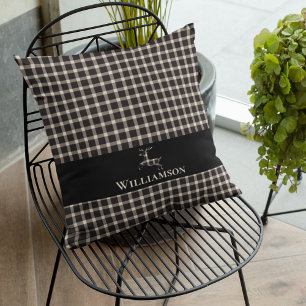 Coussin Cerf Monogramme Rustique Plaid   Noir blanc crème
