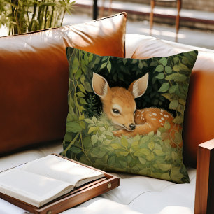 Coussin Cerf nouveau-né à l'aquarelle et verdure de la for