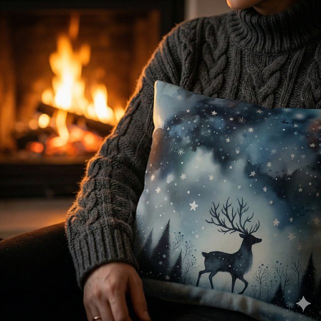 Coussin Cerf Nuit d'Hiver Étoilée (Starry Winter Night Deer Throw Pillow)