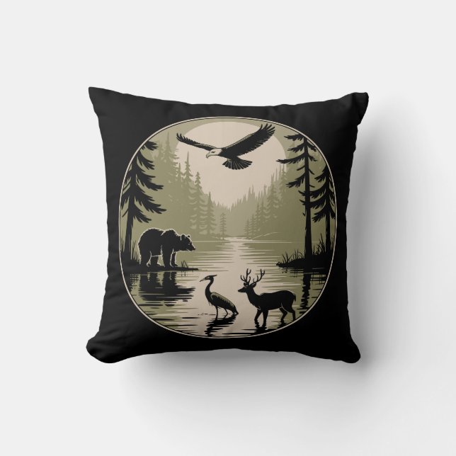 Coussin Cerf Ours Aigle Lune Forêt Silhouette (Recto)