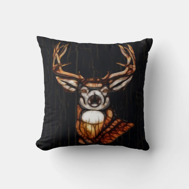 Coussin Cerf rustique aspect bois campagne grange chasse (Recto)