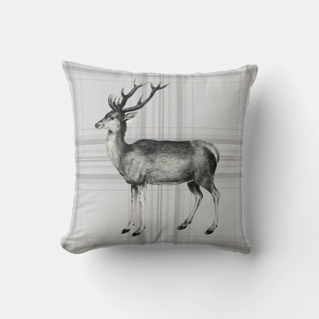Coussin cerf sur un gris à carreaux rustique (Recto)