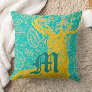Coussin Cerf turquoise sur le motif Floral Vintage jaune