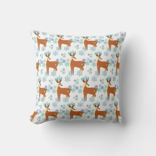Coussin Cerfs d'hiver et flocons bleus motif sur blanc