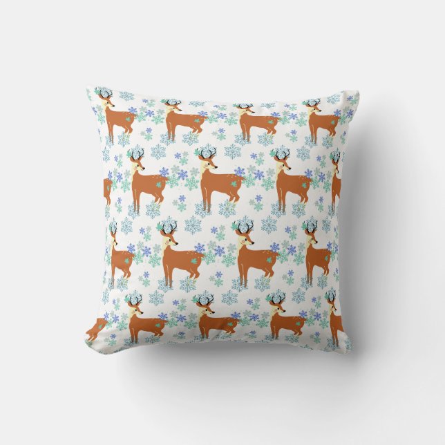 Coussin Cerfs d'hiver et flocons bleus motif sur blanc (Recto)