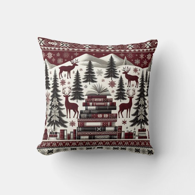 Coussin Cerfs d'hiver nordique et livres Jeter l'oreiller (Recto)