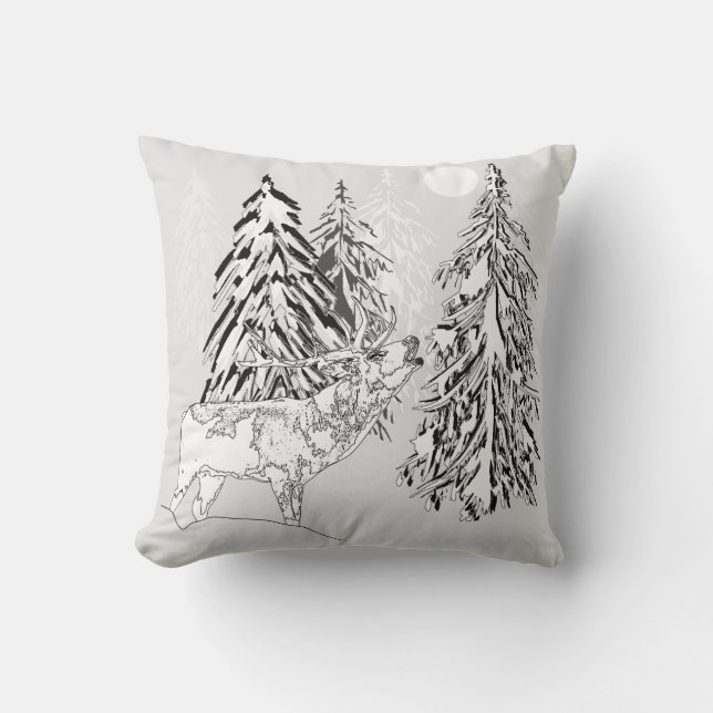 Coussin Cerfs, hiver, forêt, arbres de Noël, monochrome (Recto)