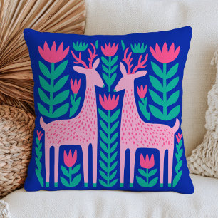 Coussin Cerfs stylisés roses sur fond bleu marine moderne