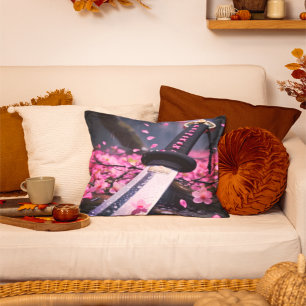 Coussin Cerise en fleurs Katana dans la pluie - Japonais S