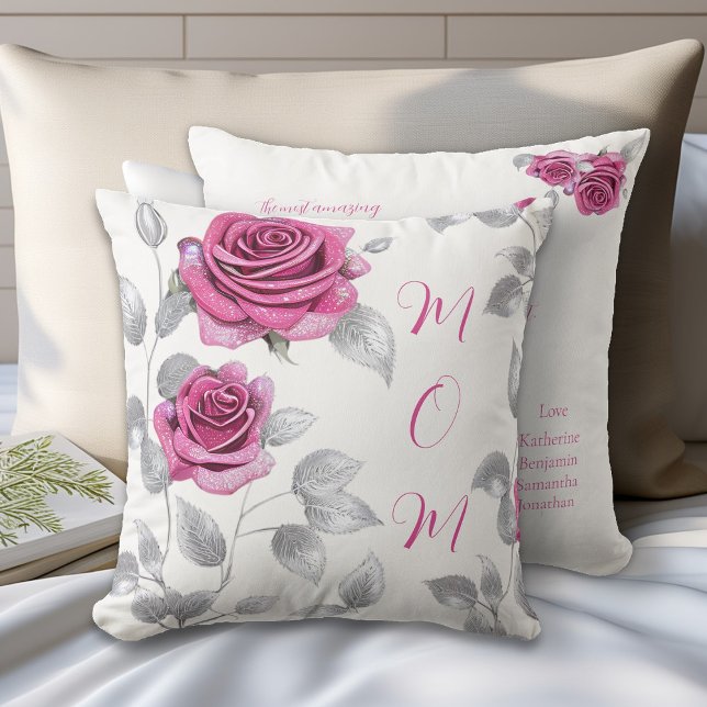 Coussin Cerise Rose Rose Feuille Argent Amour de Maman  (Créateur téléchargé)