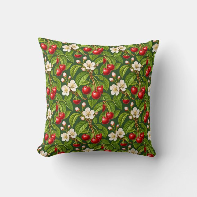 Coussin Cerises rouges botaniques et fleurs blanches (Recto)
