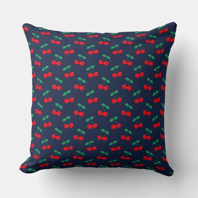Coussin Cerises rouges mignonnes d'été bleu marine et roug (Recto)