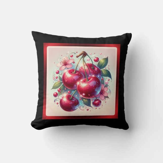 Coussin Cerises Rouges Mignonnes Florales Rose Féminin  (Recto)