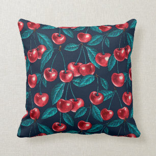 Coussin Cerises rouges sur bleu foncé