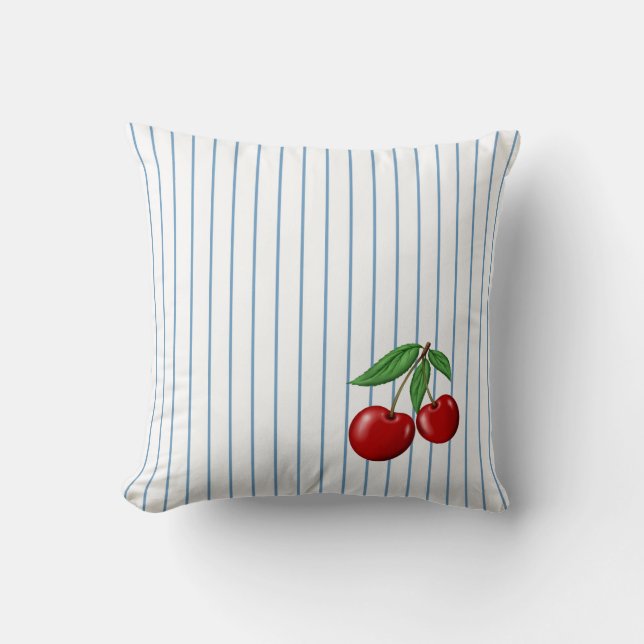 Coussin Cerises rouges sur les Motifs de bandes bleues (Recto)