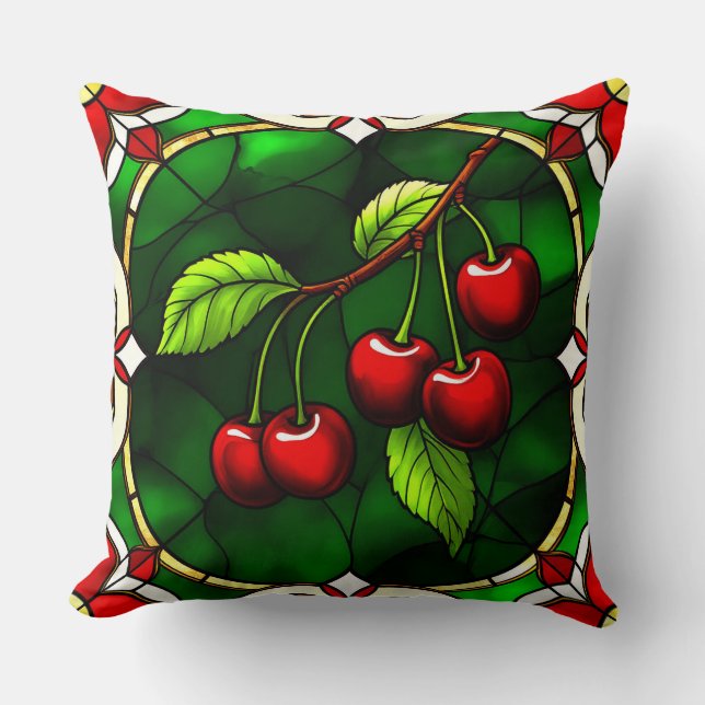 Coussin Cerises sur feuilles vertes avec un vitrail (Recto)