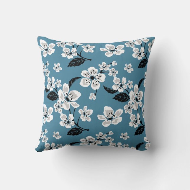 COUSSIN CERISIER EN FLEURS - SAKURA (BLEU FUMÉ) (Verso)