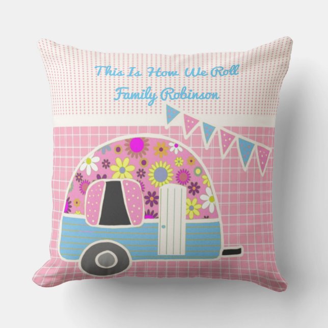 Coussin C'Est Comme Ça Que Nous Roulions Pink Blue Camperv (Recto)