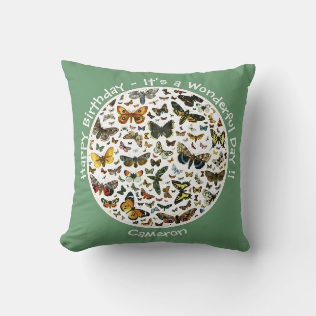 Coussin C'est un anniversaire papillon, collage d'objets p (Recto)