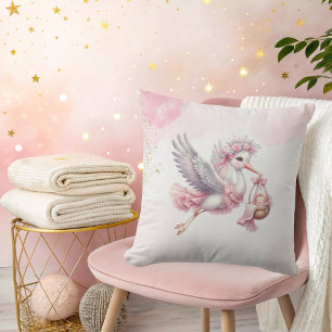 Coussin C'est une Fille Cigogne Rose Nuages Rose Baby Show