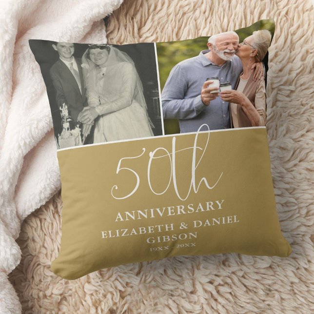 Coussin C'était et c'est maintenant 2 Photo 50e anniversai (Then And Now 2 Photo 50th Wedding Anniversary Throw Pillow)