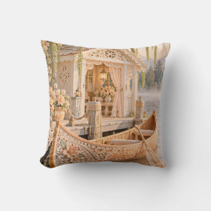 Coussin Chalet au bord du lac Canoë en dentelle abricot
