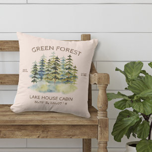 Coussin Chalet de lodge aquarelle vintage forêt verte brum