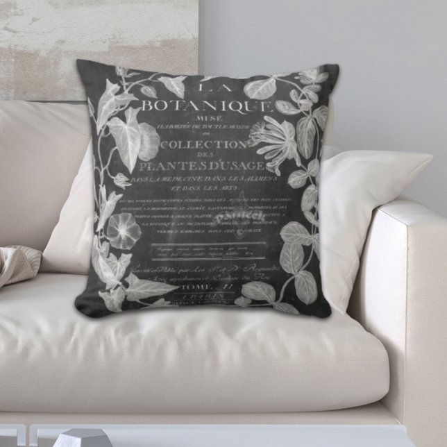 Coussin chalkboard scripts d'art botanique français lierre (chalkboard scripts french botanical art ivy leaves throw pillow)