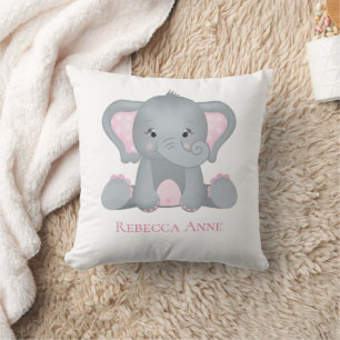 Coussin Chambre de bébé éléphant rose gris personnalisée 