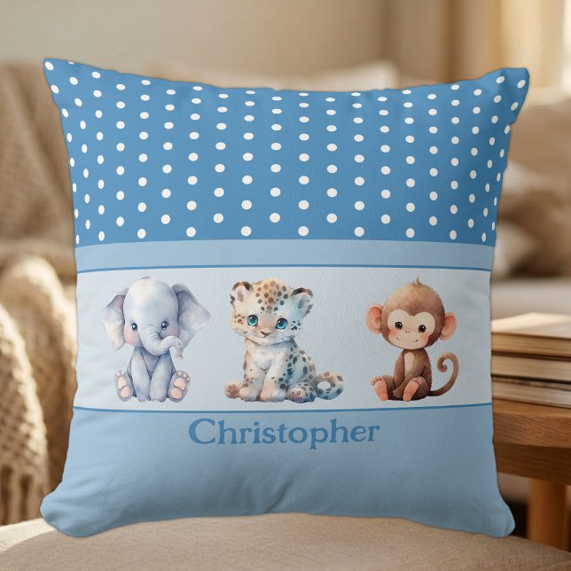 Coussin Chambre d'enfant ajoutez un nom animaux mignons bl (Créateur téléchargé)