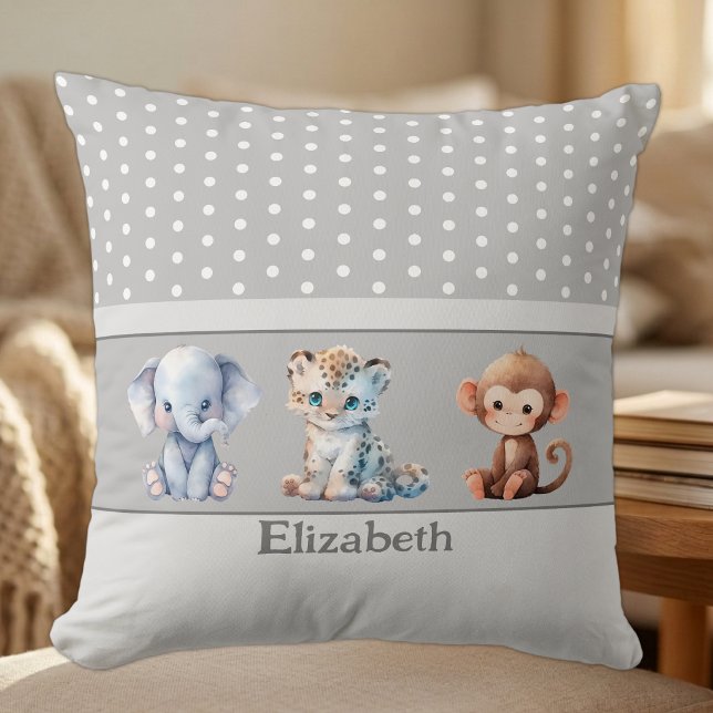 Coussin Chambre d'enfant ajoutez un nom animaux mignons gr (Créateur téléchargé)