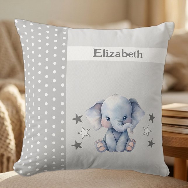 Coussin Chambre d'enfant ajoutez un nom éléphant gris mign (Créateur téléchargé)